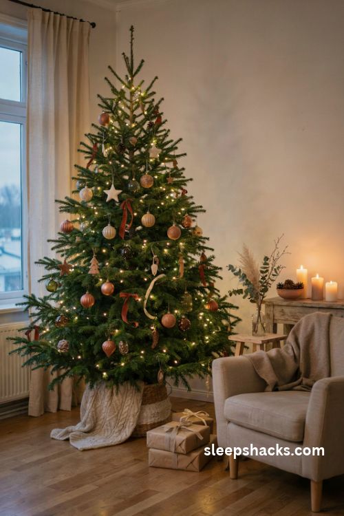 Warm white Christmas tree lights with amber glow and cozy earth tone ornaments