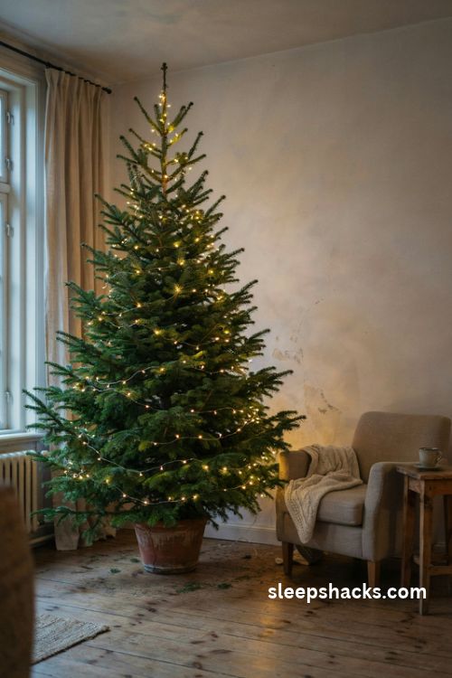 Warm white Christmas tree lights with no ornaments in a cozy neutral living room