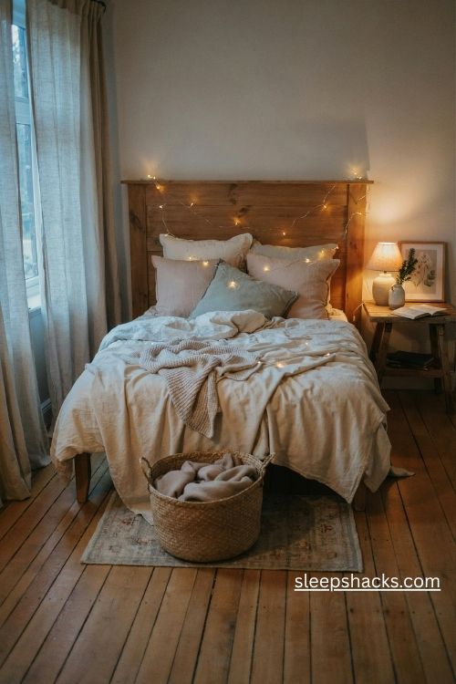 Warm white christmas fairy lights draped across a wooden bedroom headboard with cozy neutral bedding