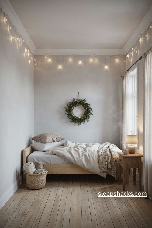 Warm white christmas icicle lights along the bedroom ceiling molding creating a cozy winter glow