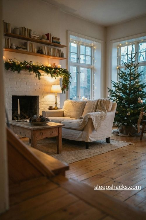Warm white christmas lighting ideas for a cozy living room with glowing garlands and soft lamps