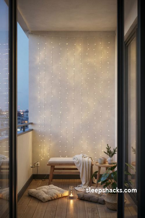 Warm white curtain Christmas lights creating a cozy balcony backdrop with a small bench