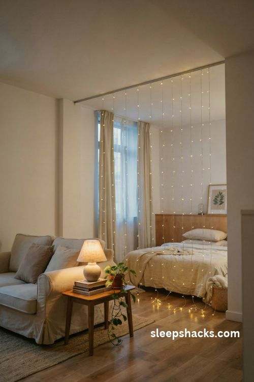 Warm white fairy light curtain room divider separating a cozy living area from a sleeping corner in a small studio apartment