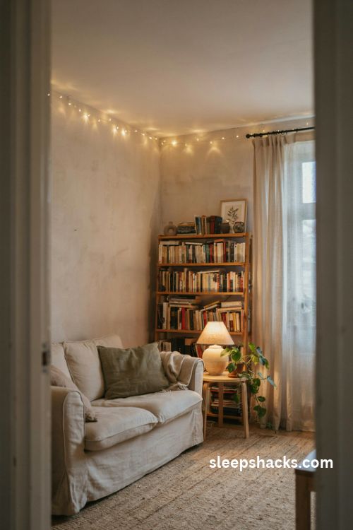 Warm white fairy lights along the ceiling edge creating a soft golden halo in a cozy small apartment living room