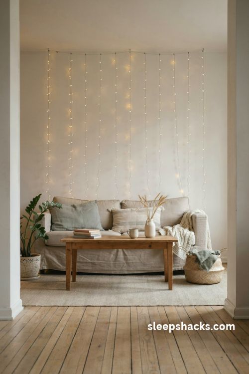 Warm white fairy lights behind the sofa creating a cozy focal wall in a small apartment living room