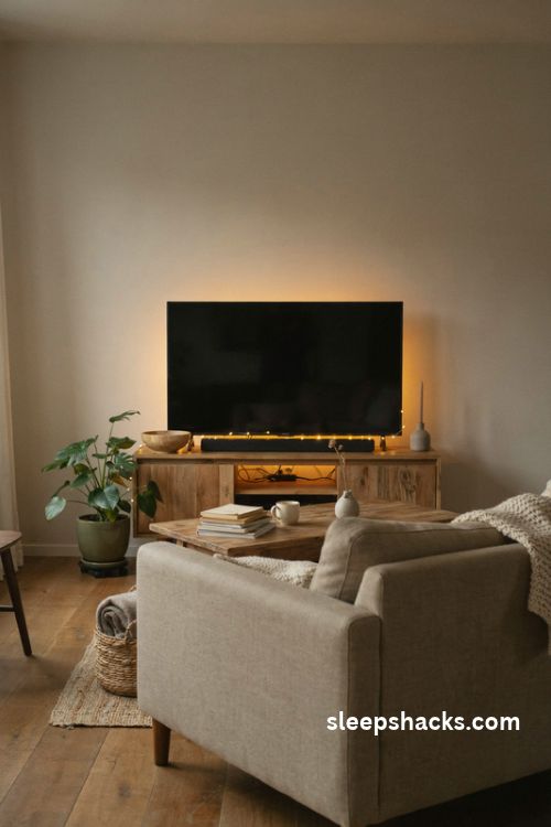 Warm white fairy lights creating a soft halo behind a tv in a cozy small apartment living room