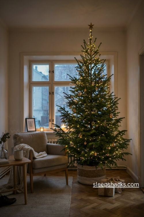 Warm white micro lights on a slim pencil christmas tree for a cozy evening glow