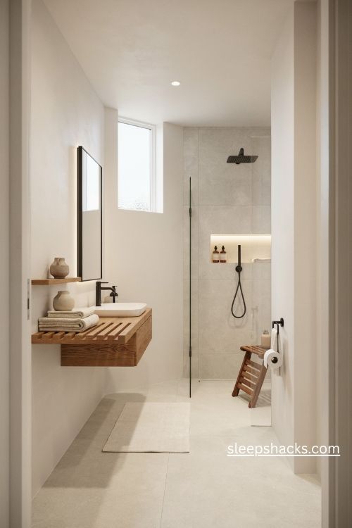 Warm wood ensuite bathroom ideas with matte black fixtures and natural oak accents