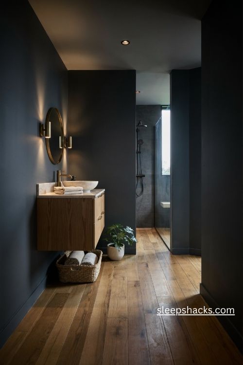 Warm wood floating bathroom vanity with charcoal walls white stone countertop and brass pulls