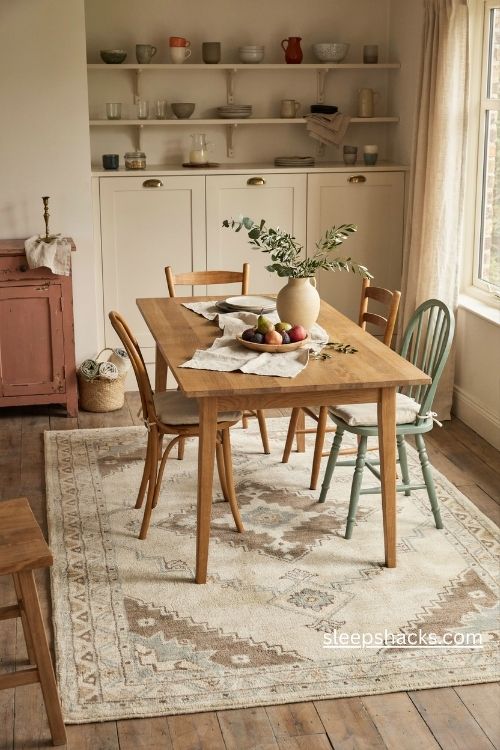 Washable flat weave rug under a rustic farmhouse kitchen table with wooden chairs