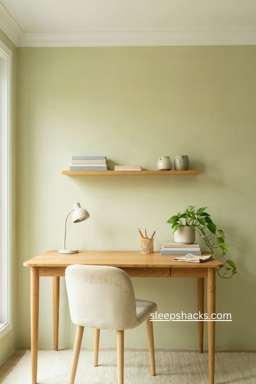 Washed out lime green home office with oak desk white trim and natural decor