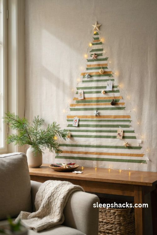 Washi tape wall christmas tree with green and gold branches fairy lights and handmade paper ornaments