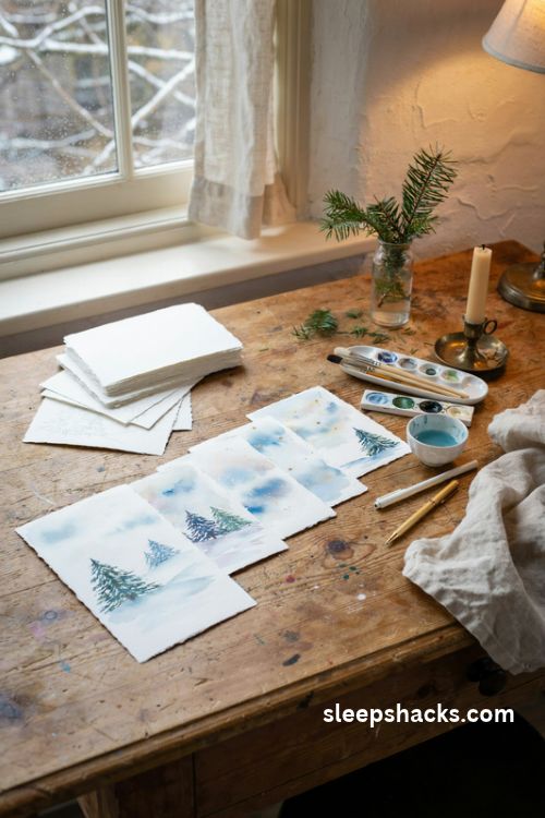 Watercolor christmas cards with blue snowy hills evergreen trees and handmade gold accents
