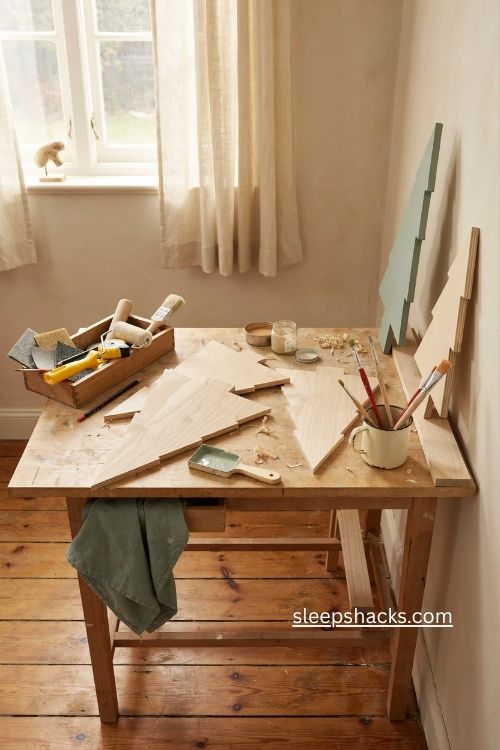 Weekend DIY Christmas tree project with organized tools and drying time