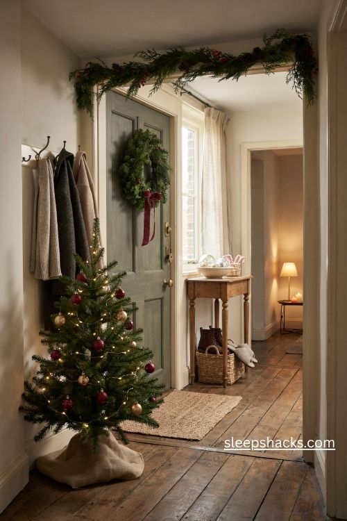 Welcoming christmas entryway decor with an evergreen wreath small tree and cozy farmhouse accents