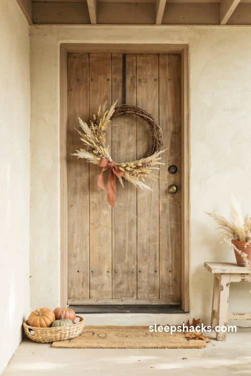 Wheat and dried flower wreath with a rustic ribbon for farmhouse Thanksgiving front door decor
