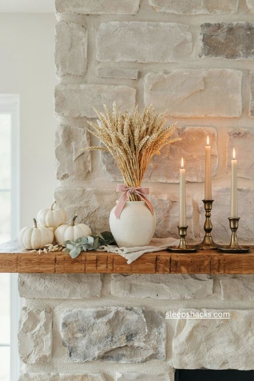 Wheat bundle with pink ribbon white pumpkins and gold candlesticks
