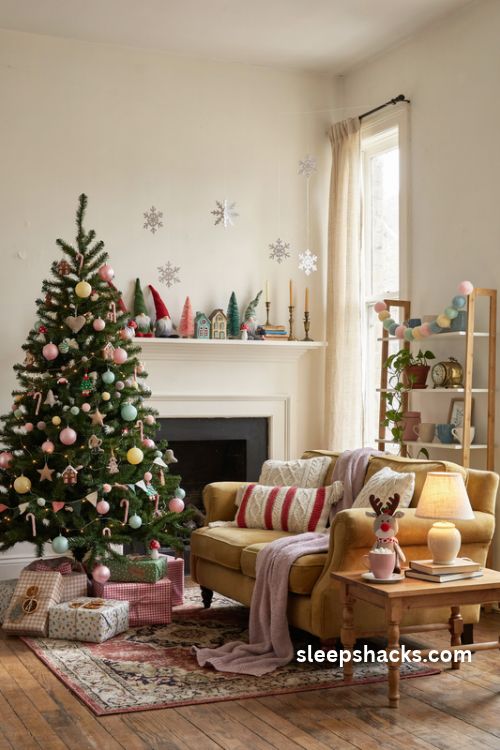 Whimsical Christmas decor ideas with a colorful candy tree playful gnomes handmade snowflakes and cozy festive living room accents