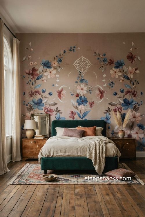 Whimsical boho bedroom accent wall with vintage furniture and jewel tone mural