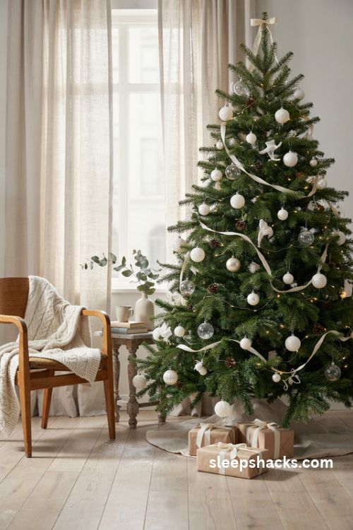White Christmas ornaments and ivory ribbon on a green tree with peaceful Scandinavian decor