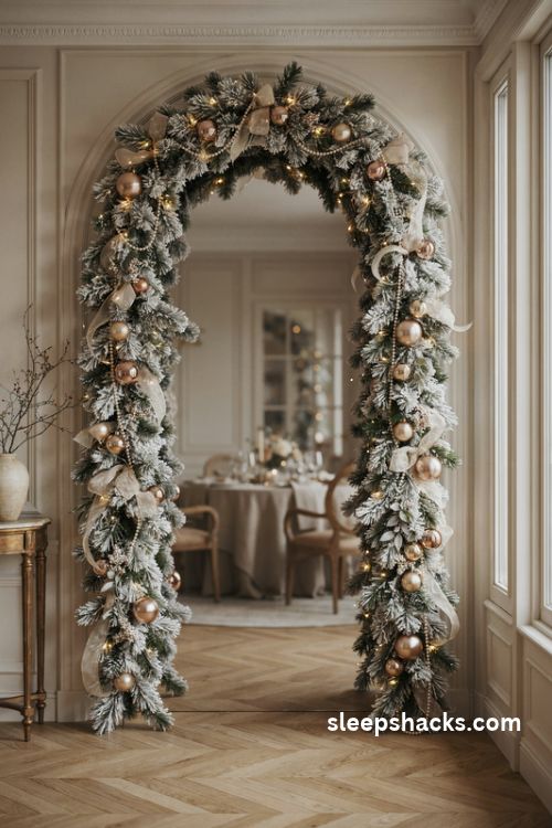 White and gold Christmas arch with flocked garland pearl strands and champagne ribbons