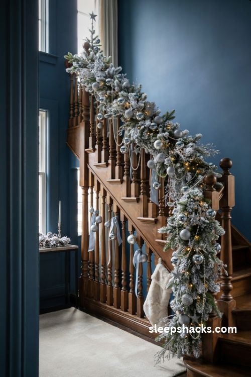 White and silver Christmas staircase with flocked evergreen garland pearl strands and icy ornaments
