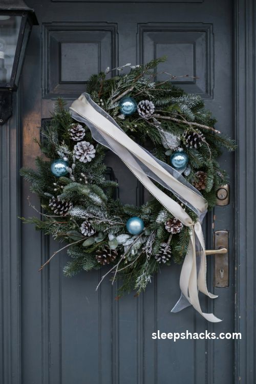 White and silver winter Christmas wreath sash with frosted pinecones and icy blue ornaments on a navy door