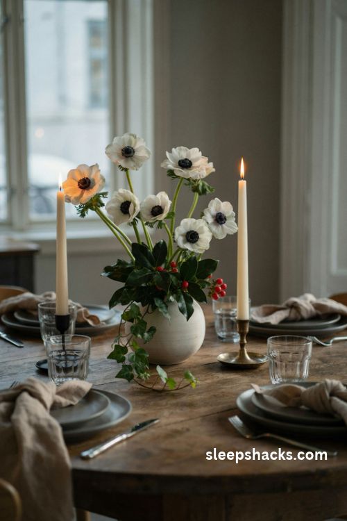 White anemones with dark centers in a minimalist Christmas centerpiece with deep green foliage