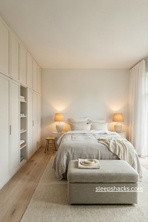 White built in bedroom storage with a textured grey ottoman at the foot of the bed