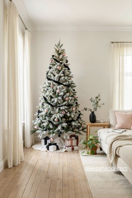 White christmas tree with black velvet ribbon blush pink ornaments and warm white lights