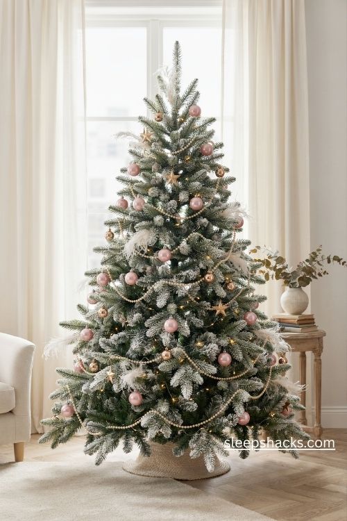 White christmas tree with blush pink ornaments gold stars and elegant pearl garlands