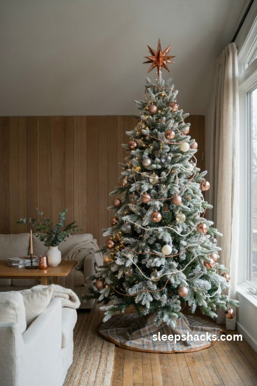 White christmas tree with copper wire garland and warm neutral living room decor