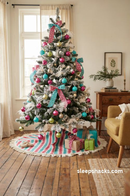 White christmas tree with hot pink turquoise and lime green ornaments
