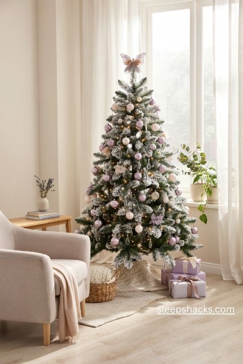White christmas tree with lavender blush pink and periwinkle pastel ornaments