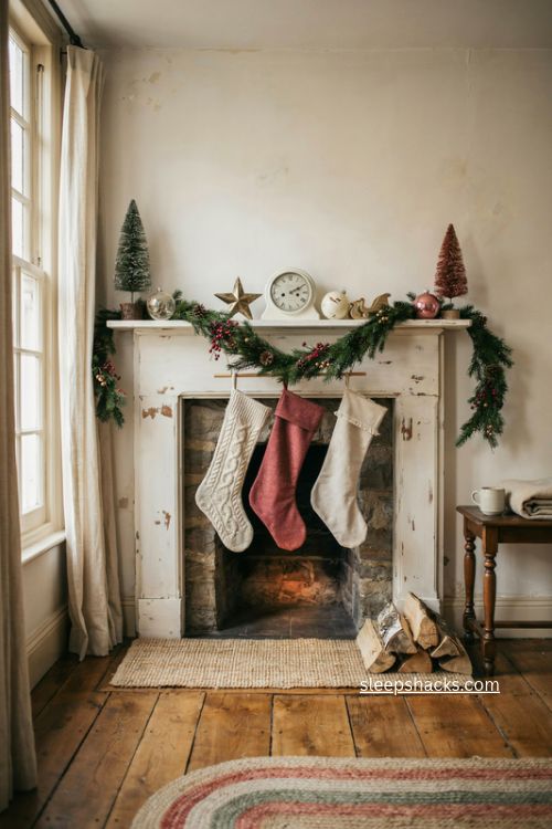 White cottage Christmas mantel with evergreen garland stockings and cone decorations 