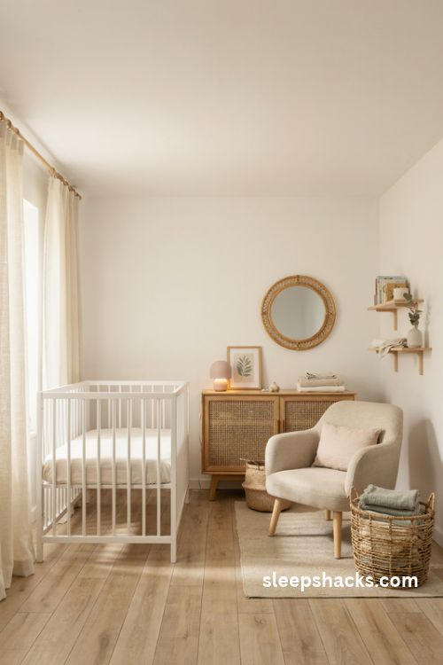 White crib with rattan accents in a cozy baby girl nursery with natural woven textures