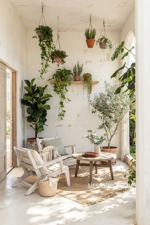 White enclosed patio ideas with lush plants and airy outdoor seating