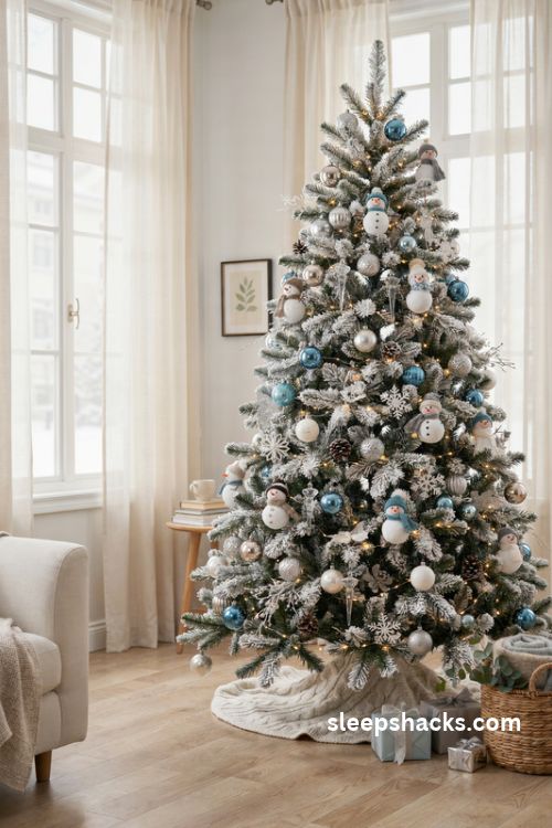 White flocked Christmas tree with snowman ornaments and icy blue winter decorations