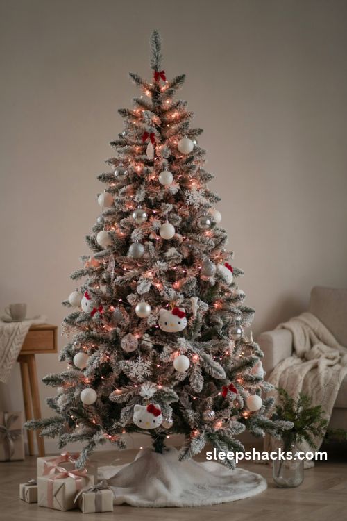 White flocked Hello Kitty Christmas tree with soft pink lights silver ornaments and red bows
