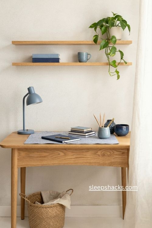 White home office with layered blue accessories cobalt lamp and navy notebook