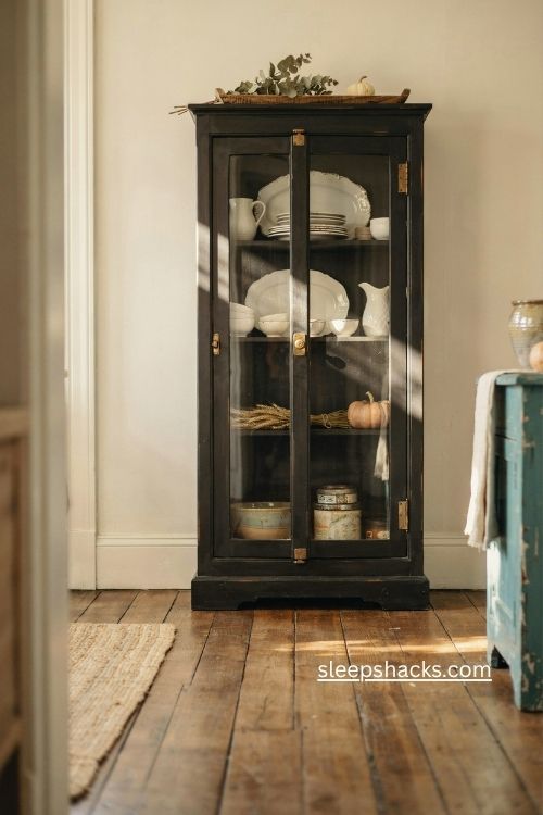 White ironstone dishes in a dark cabinet for cozy fall cottage decor