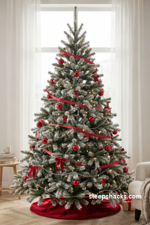 White minnie mouse christmas tree with red polka dot ribbon glossy ornaments and a deep red tree skirt