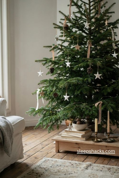 White porcelain star christmas ornaments on a green tree with timeless elegant charm