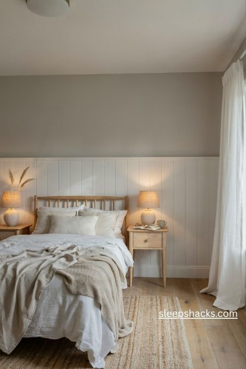 White shiplap bedroom walls with soft grey paint above for a cozy cottage look