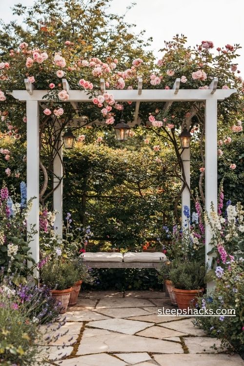 White wooden pergola covered in climbing roses with a rustic garden bench and hanging lanterns