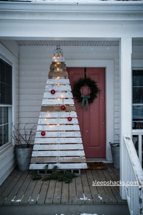 Whitewashed pallet Christmas tree with warm lights and red ornaments on a rustic farmhouse porch