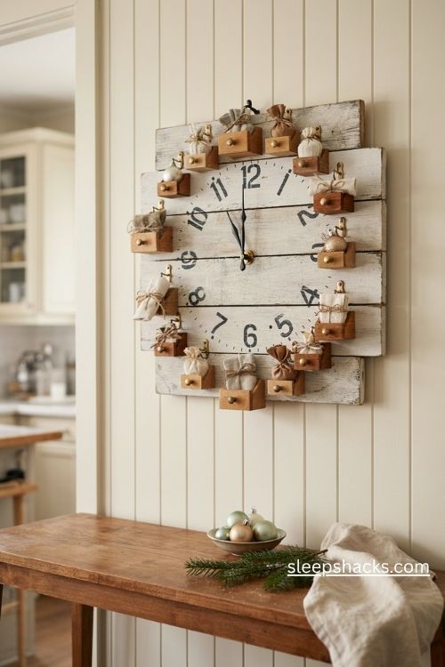Whitewashed pallet wood clock advent calendar with twenty four treat hooks and vintage farmhouse charm
