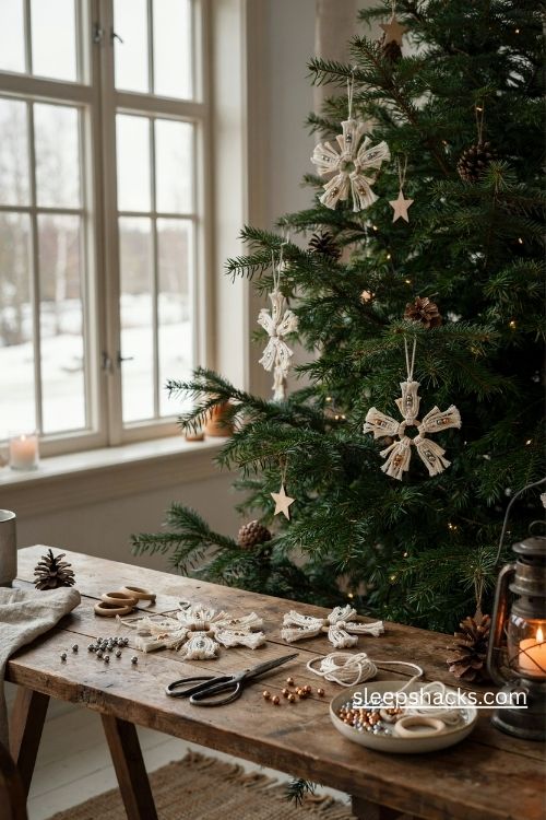 Wide-angle editorial interior photograph of a cozy, lived-in Christmas crafting corner featuring handmade boho star ornaments displayed on a lush evergreen tree beside a rustic wooden worktable. The room feels warm and welcoming, with a winter window, natural wood furniture, a softly glowing lantern, and simple seasonal greenery, capturing the peaceful pleasure of creating beautiful Christmas decorations at home. Rustic Scandinavian farmhouse style blended with relaxed bohemian charm and nostalgic handmade holiday traditions. A natural, earthy color palette of warm ivory, oatmeal beige, muted sage green, deep forest green, rich terracotta, and weathered wood brown. Several handmade macrame star ornaments crafted from natural cotton cord, including chunky five-pointed stars wrapped around small wooden star-shaped frames and intricately woven with neat rows of square knots through their centers. Display the finished stars hanging from evergreen branches in a harmonious mix of cream, terracotta, and sage green, with delicate cotton hanging loops and clearly visible woven textures. On the weathered wooden table, arrange additional finished stars, unfinished wooden star frames, neatly coiled cotton cords in neutral and earthy colors, vintage metal scissors, small natural wooden beads, a shallow ceramic bowl of craft supplies, and a folded linen cloth with subtle green stripes. Include a small piece of craft wire and a few wooden beads near an unfinished ornament to suggest the simple, approachable DIY process. Natural pinecones, miniature wooden trees, and a small ceramic house add understated Christmas charm without overcrowding the scene. Every cotton strand, square knot, wood grain, and handmade imperfection should remain clearly defined and realistic. Gentle winter daylight streams through the nearby window, revealing the soft texture of the cotton cord and the worn character of the tabletop, while warm candlelight inside an antique metal lantern and tiny golden tree lights create a comforting seasonal glow. The atmosphere feels creative, calm, nostalgic, and inviting, celebrating the satisfaction of making inexpensive decorations that look beautifully handcrafted. Soft neutral tones bring an immediate sense of calm, earthy terracotta and sage add personality, and tactile cotton, rustic wood, and natural greenery create lasting warmth and depth. Compose the image as an authentic Pinterest-worthy Christmas DIY photograph, with balanced styling, realistic proportions, generous visible detail, and the welcoming feeling of a quiet winter afternoon spent making ornaments by hand. no people, no text, no watermarks, no blur, no bokeh, all surfaces in sharp focus, photorealistic, 4K resolution, editorial interior photography, Pinterest-worthy