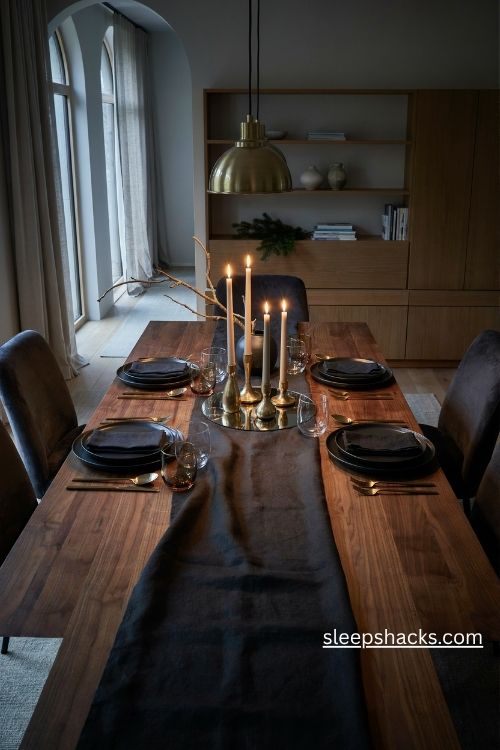 Wide-angle eye-level interior photography capturing the entire Christmas dining table and surrounding dining room, with the full plaid table setting, wooden chairs, cozy textiles, and inviting cabin-inspired surroundings clearly visible. A warm Christmas dining table styled for a relaxed winter gathering, featuring a rich red buffalo check runner or classic red-and-cream tartan tablecloth as the main visual feature, paired with simple white plates, natural wooden bowls, and softly textured fabric napkins. Rustic farmhouse styling with vintage mountain-cabin influences, traditional holiday patterns, practical handmade details, and the familiar comfort of a snowed-in December weekend. A cozy palette of deep cranberry red, warm cream, soft ivory, natural oak, muted brown, and subtle evergreen accents, creating a festive atmosphere that feels nostalgic rather than overly decorated. Include a generously textured red buffalo check runner laid naturally across a solid wooden dining table, plain white ceramic dinner plates, neatly folded solid cream or muted red flannel napkins, simple wooden bowls, understated silver cutlery, clear drinking glasses, and small ceramic mugs filled with steaming hot cocoa at each place setting. Add a few subtle evergreen sprigs, small pinecones, and warm ivory candles in sturdy rustic holders, keeping the decorations simple enough that the plaid remains the star. Drape a soft matching flannel blanket casually over the back of one wooden chair, showing its brushed fibers and relaxed folds, and incorporate wool-blend napkins or a chunky woven textile for extra tactile warmth. Show natural wood grain, slightly irregular white pottery, the soft brushed surface of flannel, woven textile edges, and gently worn furniture that feels collected over years of winter celebrations. Keep the pattern concentrated on the runner or tablecloth, balancing it with solid-colored napkins and plain white plates so the overall composition feels harmonious rather than busy. Leave generous space between place settings and maintain a low centerpiece for a practical, comfortable family dinner. Soft winter daylight filters through a nearby window, mixing with the gentle amber glow of candles and warm interior lighting, illuminating the red-and-cream checks, cocoa mugs, wooden surfaces, and soft textiles with natural detail and realistic shadows. The mood feels nostalgic, snug, cheerful, and deeply comforting, like spending a snowy weekend in a welcoming countryside cabin with hot cocoa, familiar holiday traditions, and a table prepared with love. Soft colors that change the mood instantly, old textures that add warmth and depth, simple details that create lasting charm. Emphasize the timeless appeal of red plaid, the tactile softness of flannel and wool, and the inviting simplicity of a Christmas table that feels personal, affordable, and genuinely lived-in rather than professionally staged. no people, no text, no watermarks, no blur, no bokeh, all surfaces in sharp focus, photorealistic, ultra-realistic, 4K resolution, editorial interior photography, Pinterest-worthy, high click-through appeal