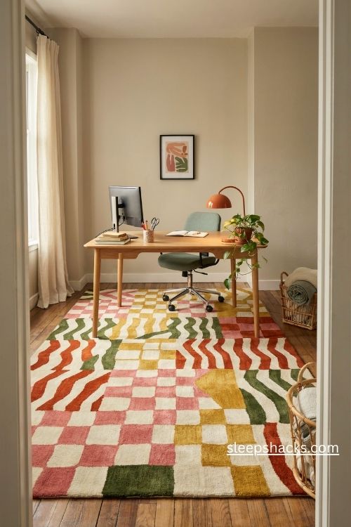 Wild patterned rug in a funky home office with colorful wavy stripes and retro geometric decor 